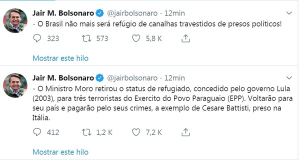 Bolsonaro sobre Arrom y Martí: “El Brasil ya no será refugio de canallas travestidos de presos políticos” - ADN Paraguayo