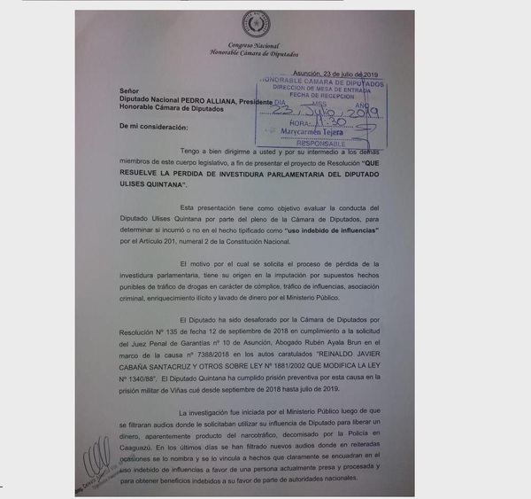 Formalizan pedido para pérdida de investidura de Ulises: "La gente está harta y eso puede ser peligroso para la democracia" - ADN Paraguayo