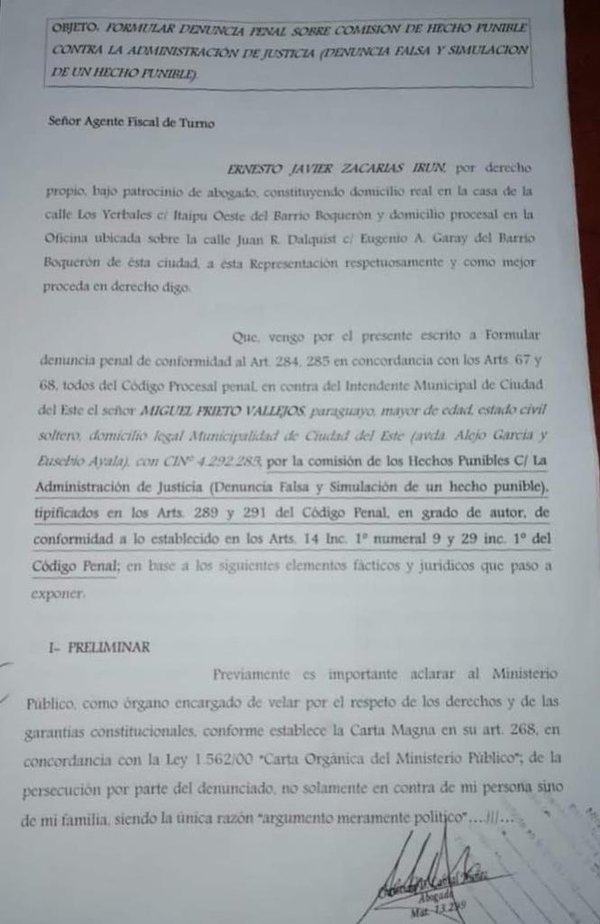 Zacarías Irún acciona contra el intendente Prieto por denuncia falsa - ADN Paraguayo