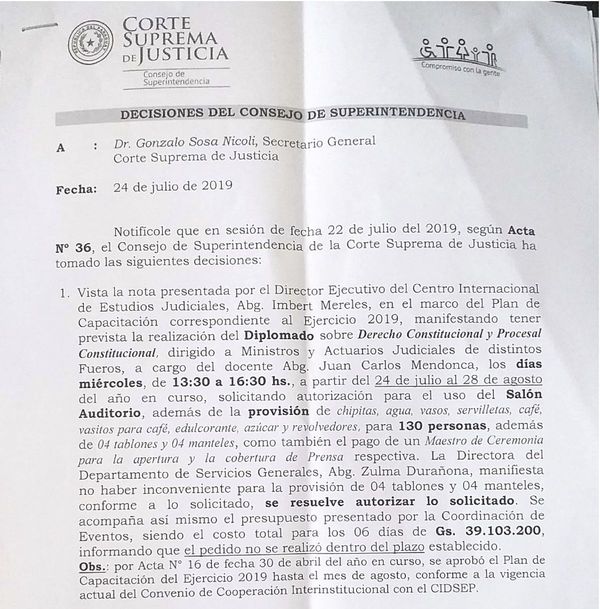 Corte resolvió racionalizar, pero gasta G. 39 millones en chipitas