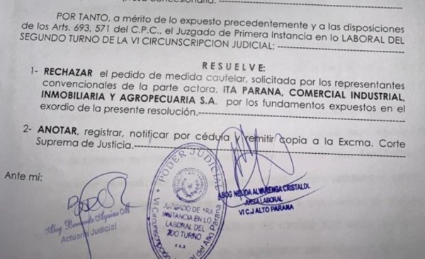 Jueza rechaza medida cautelar de Itá Paraná