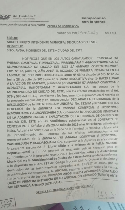Municipalidad deberá devolver administración de la terminal de ómnibus a Itá Paraná