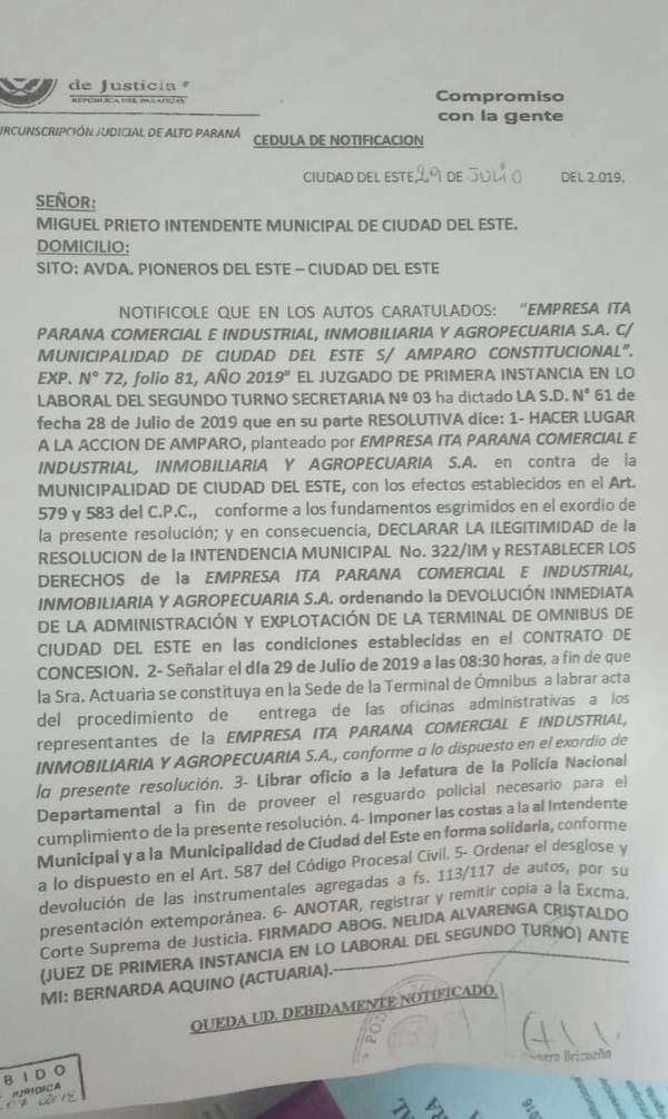Municipalidad deberá devolver administración de la terminal de ómnibus a Itá Paraná