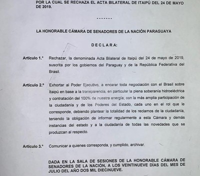 Senadores rechazan el acta bilateral con Brasil  - Radio 1000 AM