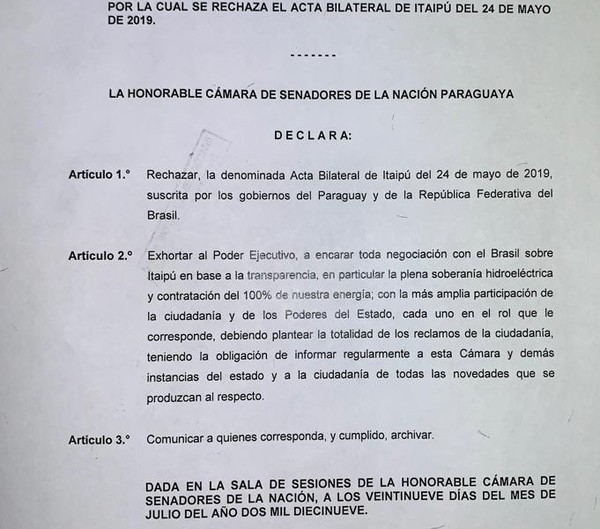 Senadores rechazan el acta bilateral con Brasil - Radio 1000 AM