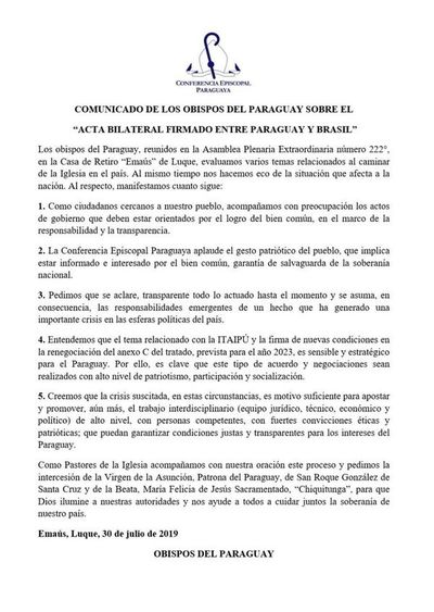 Obispos piden patriotismo y personas éticas tras acuerdo por Itaipú - Nacionales - ABC Color