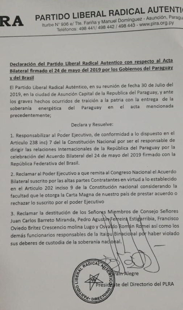 PLRA emite declaración donde responsabiliza a Marito por la firma del Acuerdo de Itaipú - ADN Paraguayo