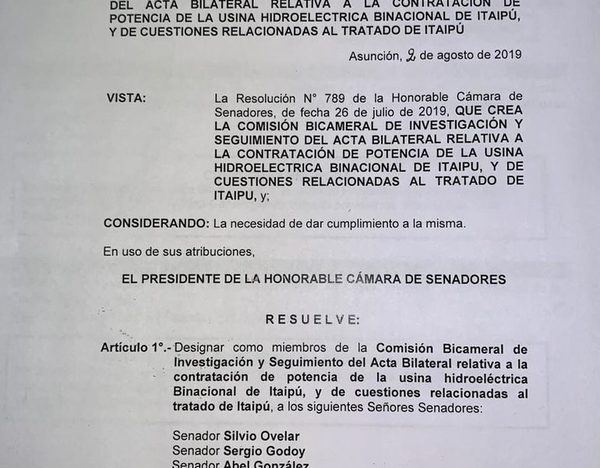 Cinco representantes del Senado para investigar sobre Caso Itaipú
