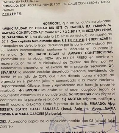 Rechazan pedido de amparo de municipalidad de CDE