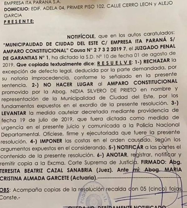Rechazan pedido de amparo de municipalidad de CDE