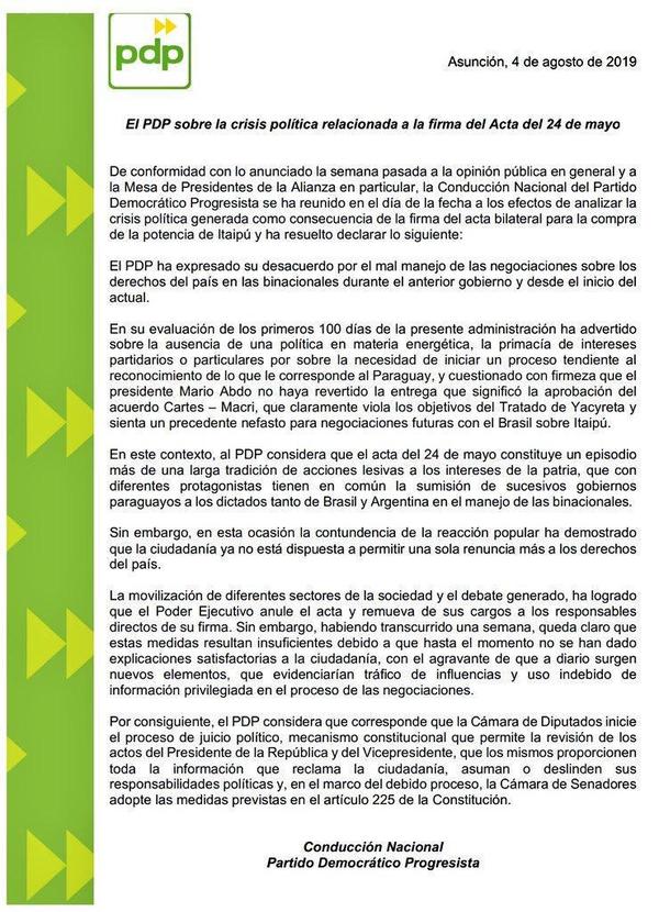 PDP insta a Diputados a iniciar juicio a político a Marito y Velázquez - ADN Paraguayo