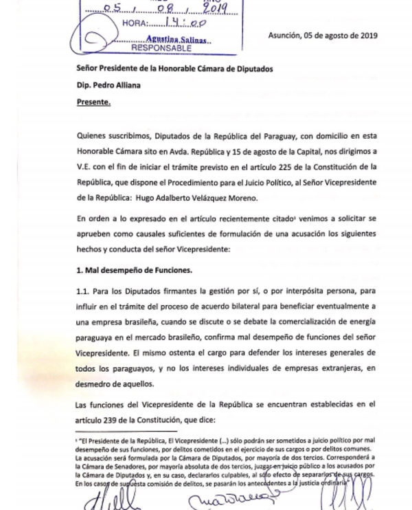 Solicitan juicio político para vicepresidente Hugo Velázquez