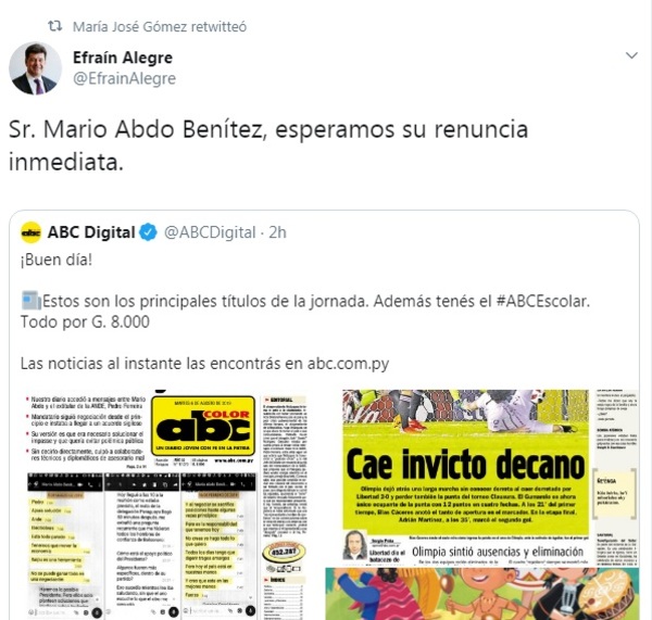Alegre espera renuncia de Mario Abdo