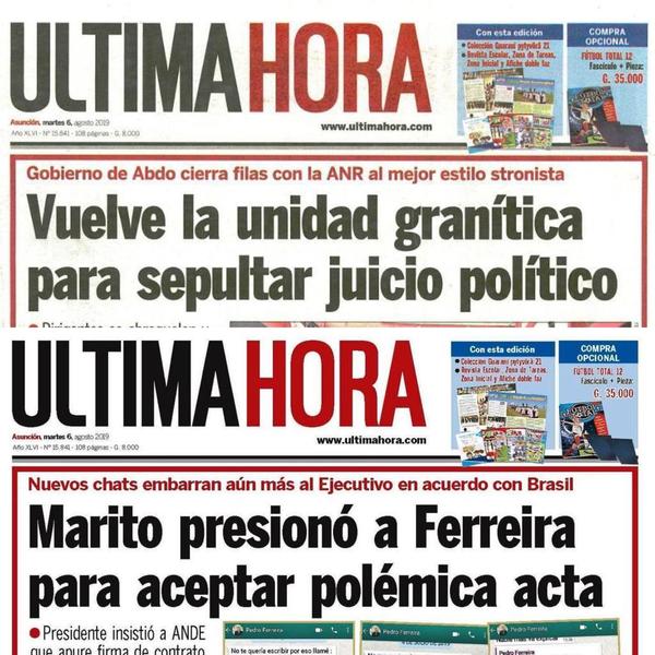 Sugestivo cambio de tapa del diario Última Hora en la madrugada