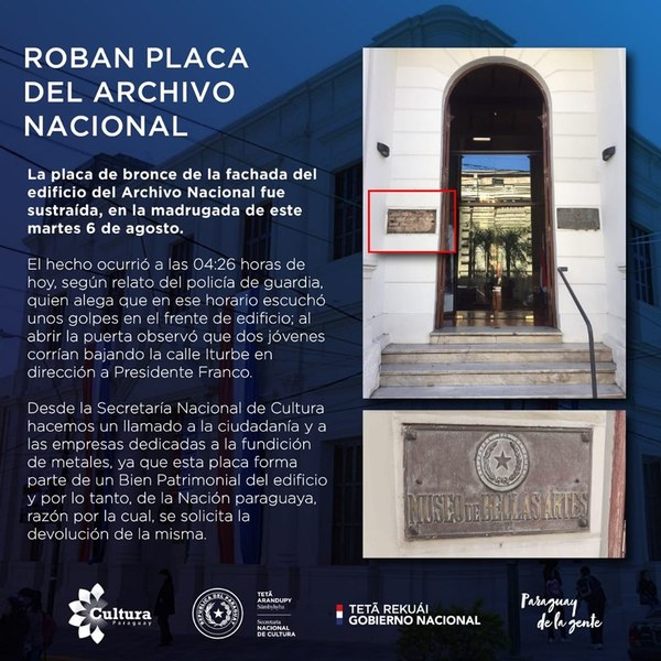 Cultura denuncia robo de placa del Archivo Nacional | .::Agencia IP::.