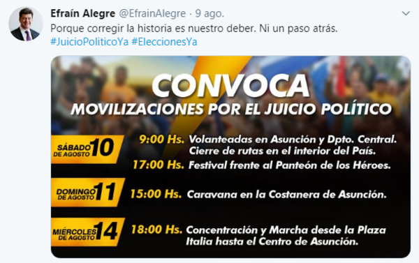 Efraín Alegre insta a cerrar rutas para exigir destitución de Mario Abdo y Hugo Velázquez