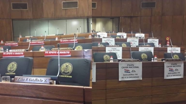 HOY / "Juicio político ya"... "Yo apoyo a Marito": guerra de carteles y calcomanías en el Parlamento