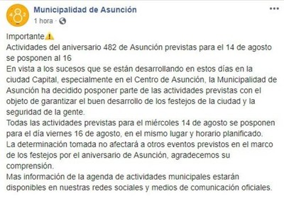 Por manifestaciones, posponen actividades por el aniversario de Asunción - ADN Paraguayo