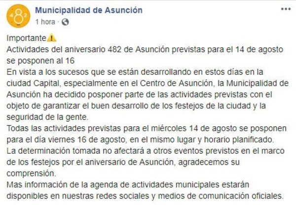 Por manifestaciones, posponen actividades por el aniversario de Asunción - ADN Paraguayo