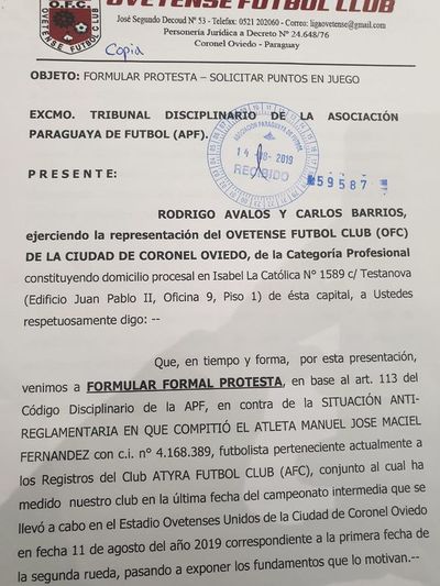 Ovetense presenta protesta - Fútbol - ABC Color