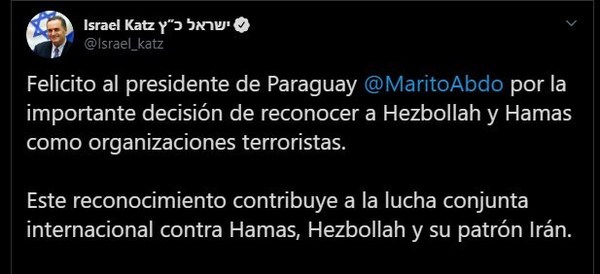 Israel felicita al Paraguay por incluir a Hezbolá y Hamás como organizaciones terroristas - ADN Paraguayo