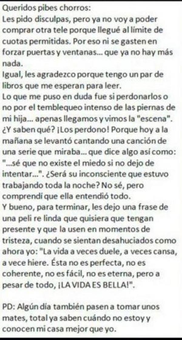 Cansada de los robos, le escribió una carta a los delicuentes » Ñanduti