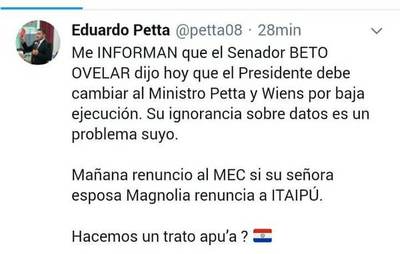 Si la esposa del senador renuncia a sueldo de G. 100 millones, “Mañana renuncio al MEC”: abdista versus abdista - ADN Paraguayo
