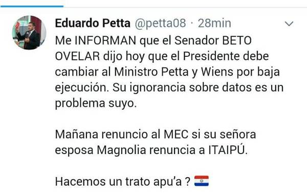 Si la esposa del senador renuncia a sueldo de G. 100 millones, “Mañana renuncio al MEC”: abdista versus abdista - ADN Paraguayo