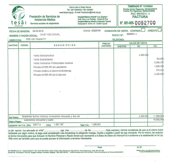 Factura muestra que ciudadano coreano pagó como particular y n paciente social
