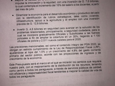 Ejecutivo entregó el proyecto de PGN 2020 al Congreso
