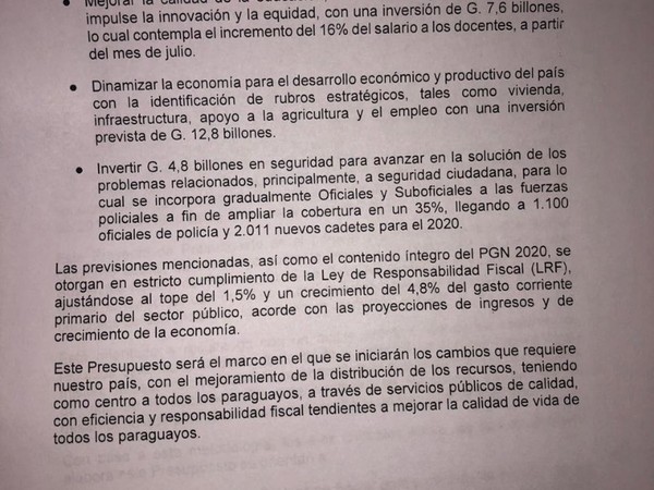 Ejecutivo entregó el proyecto de PGN 2020 al Congreso