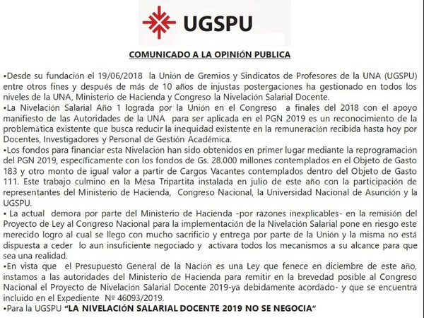 Docentes de la UNA exigen cumplimiento de nivelación salarial