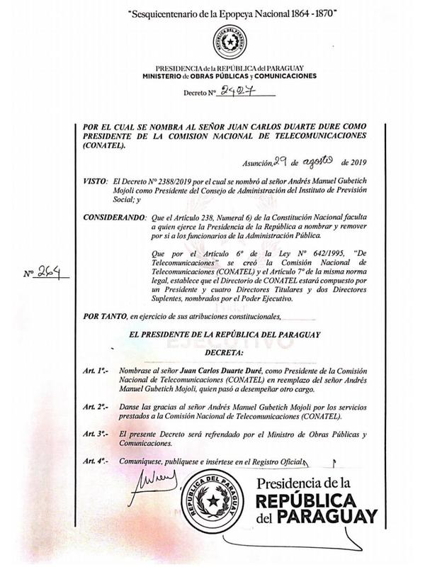 Ejecutivo nombra nuevo presidente de Conatel - ADN Paraguayo