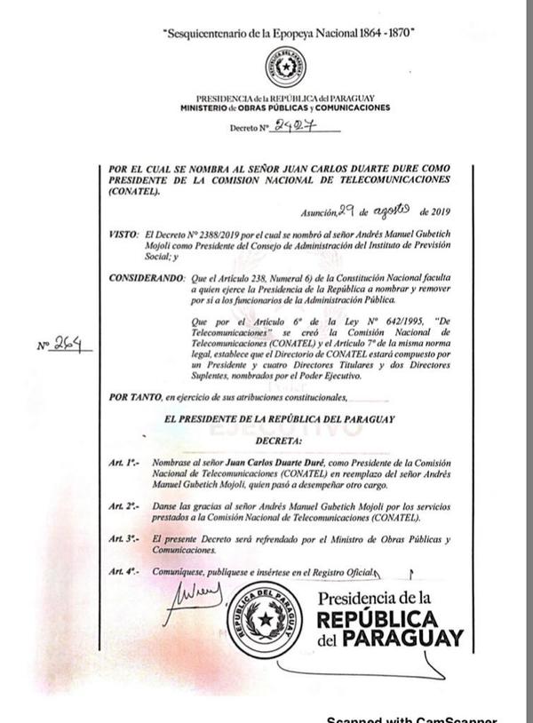 Nombran a Juan Carlos Duarte Duré como nuevo presidente de CONATEL - .::RADIO NACIONAL::.