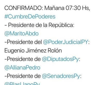 Confirman la cumbre de poderes para este miércoles