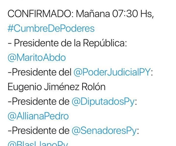 Confirman la cumbre de poderes para este miércoles