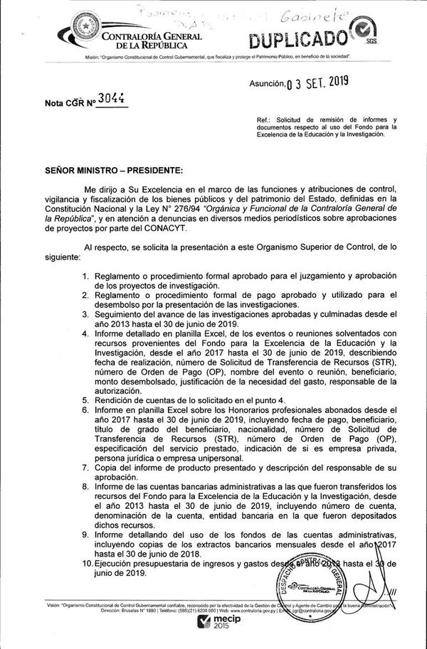 Contraloría pide informes al Conacyt sobre proyectos financiados - Nacionales - ABC Color