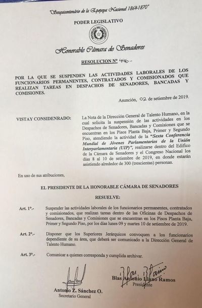 Cámara de Senadores: funcionarios no trabajarán por dos días - Nacionales - ABC Color