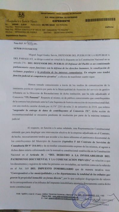 Defensor del Pueblo cuestionó a Ferreiro por concesión al Consorcio TX Panamá  - Nacionales - ABC Color