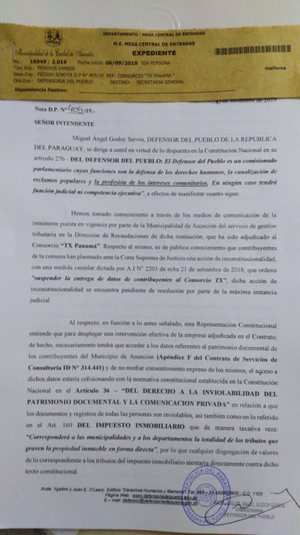 Defensor del Pueblo cuestionó a Ferreiro por concesión al Consorcio TX Panamá - Nacionales - ABC Color