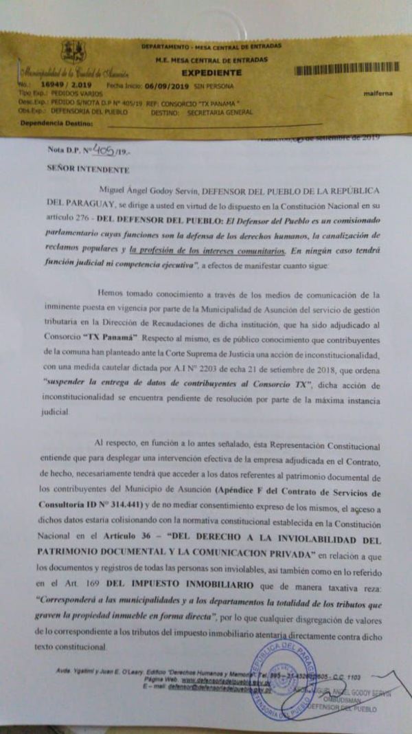 Defensor del Pueblo cuestionó a Ferreiro por concesión al Consorcio TX Panamá  - Nacionales - ABC Color