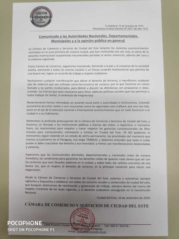 Cámara de Comercio pide paz y respeto a garantías constitucionales - ADN Paraguayo