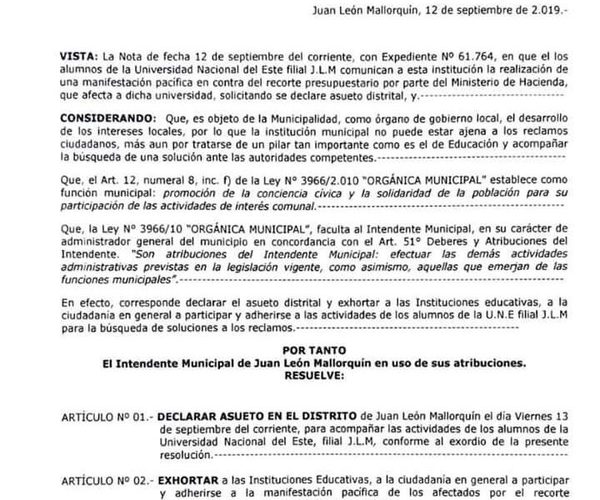 Declaran asueto en Mallorquín para acompañar movilización contra recorte a la UNE