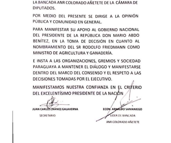 Diputados de Añetete dan un voto de confianza a Friedmann