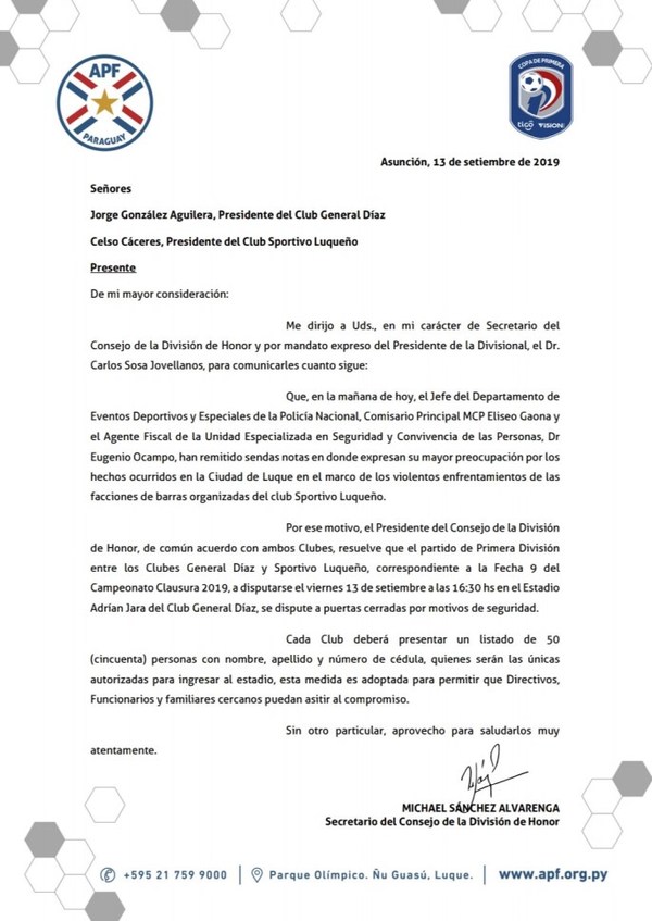 Fútbol: Partido entre Gral. Díaz y Luqueño se disputará a puertas cerradas - ADN Paraguayo