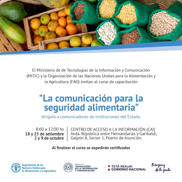 Mitic y FAO realizarán curso sobre seguridad alimentaria para comunicadores del Estado | .::Agencia IP::.