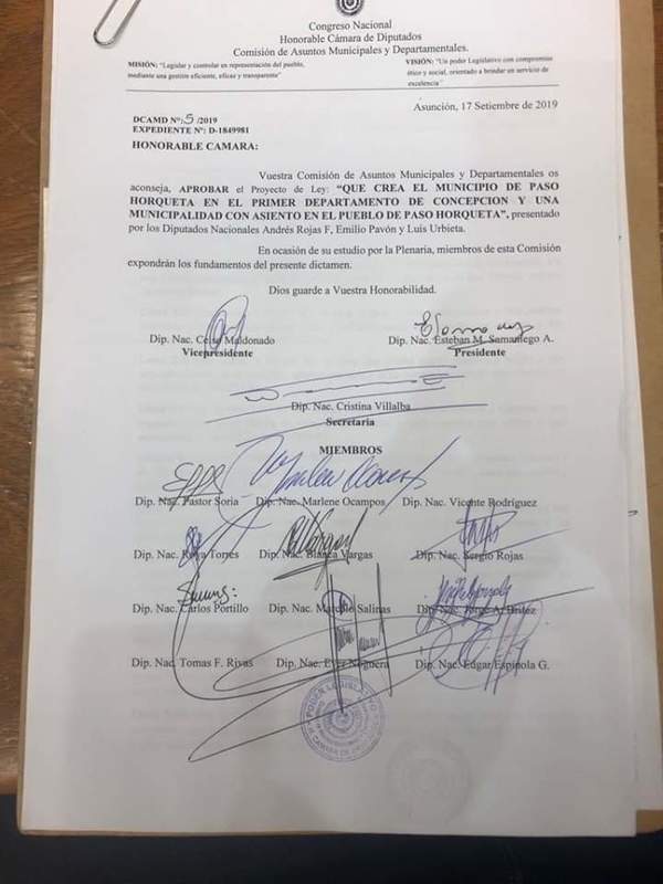 Paso Horqueta: Aprueban proyecto de distritación