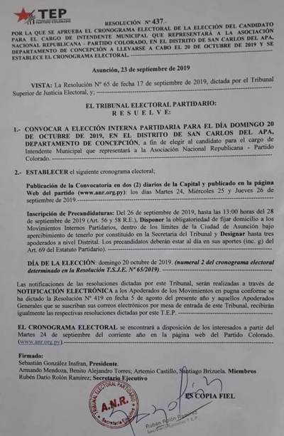 TEP del Partido Colorado oficializó convocatoria a internas municipales en San Carlos del Apa - ADN Paraguayo