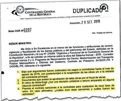 MOPC deberá responder a Contraloría sobre pagos efectuados a Mota Engil - Economía - ABC Color