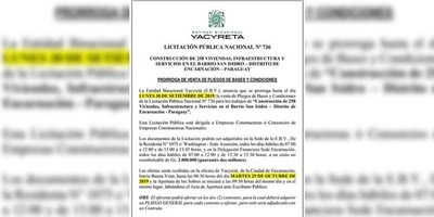 YACYRETÁ PRORROGA PLAZO PARA LICITACIÓN DE CONSTRUCCIÓN DE CASAS EN ENCARNACIÓN